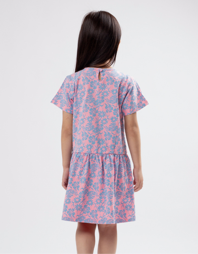 Poney Girls Blue Tropical Bloom Short Sleeve Dress
