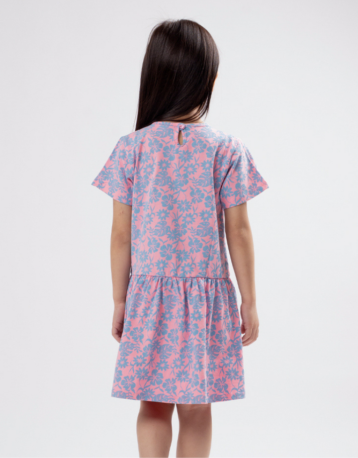 Poney Girls Blue Tropical Bloom Short Sleeve Dress