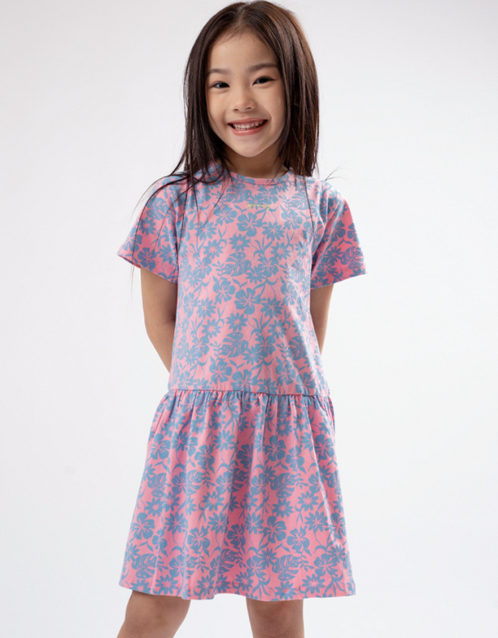 Poney Girls Blue Tropical Bloom Short Sleeve Dress