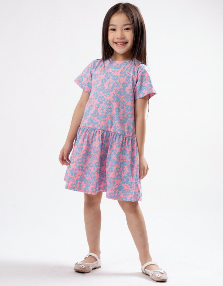 Poney Girls Blue Tropical Bloom Short Sleeve Dress