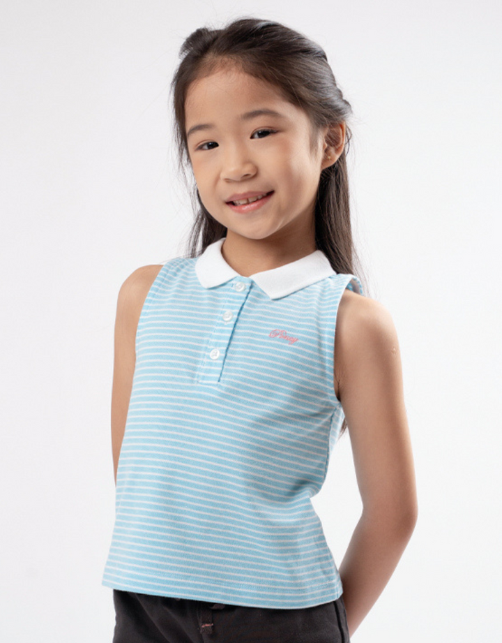 Poney Girls Light Blue Stripes Sleeveless Polo