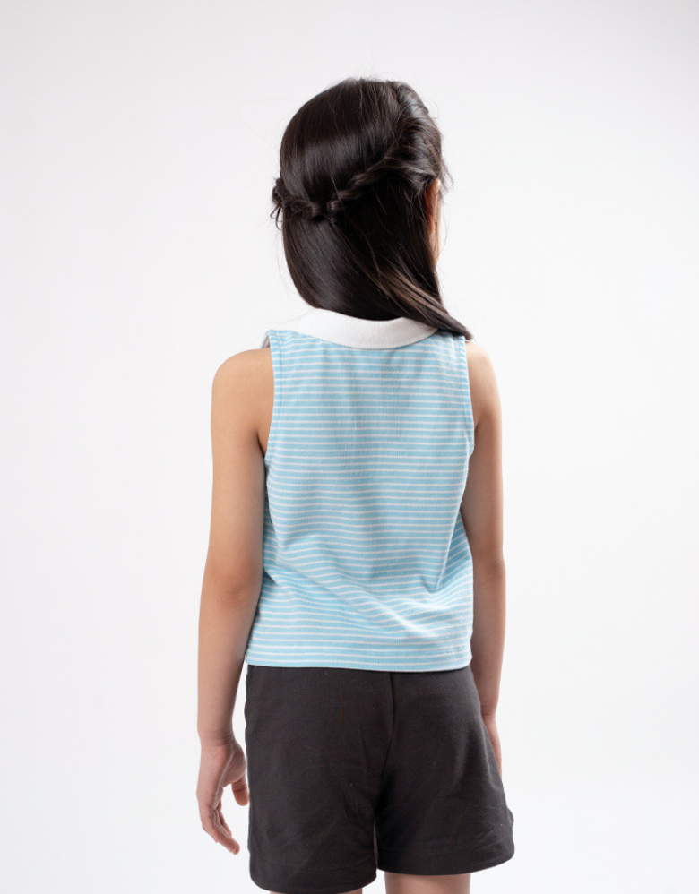 Poney Girls Light Blue Stripes Sleeveless Polo