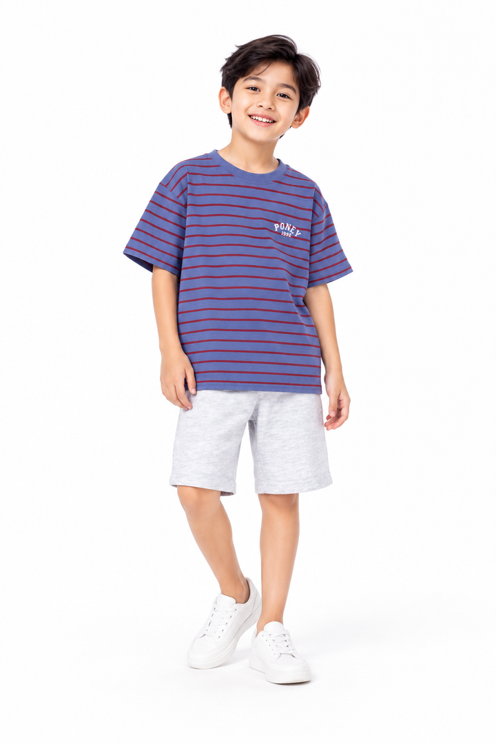 Poney Boys Blue Red Iconic Stripes Oversized Short Sleeve Tee