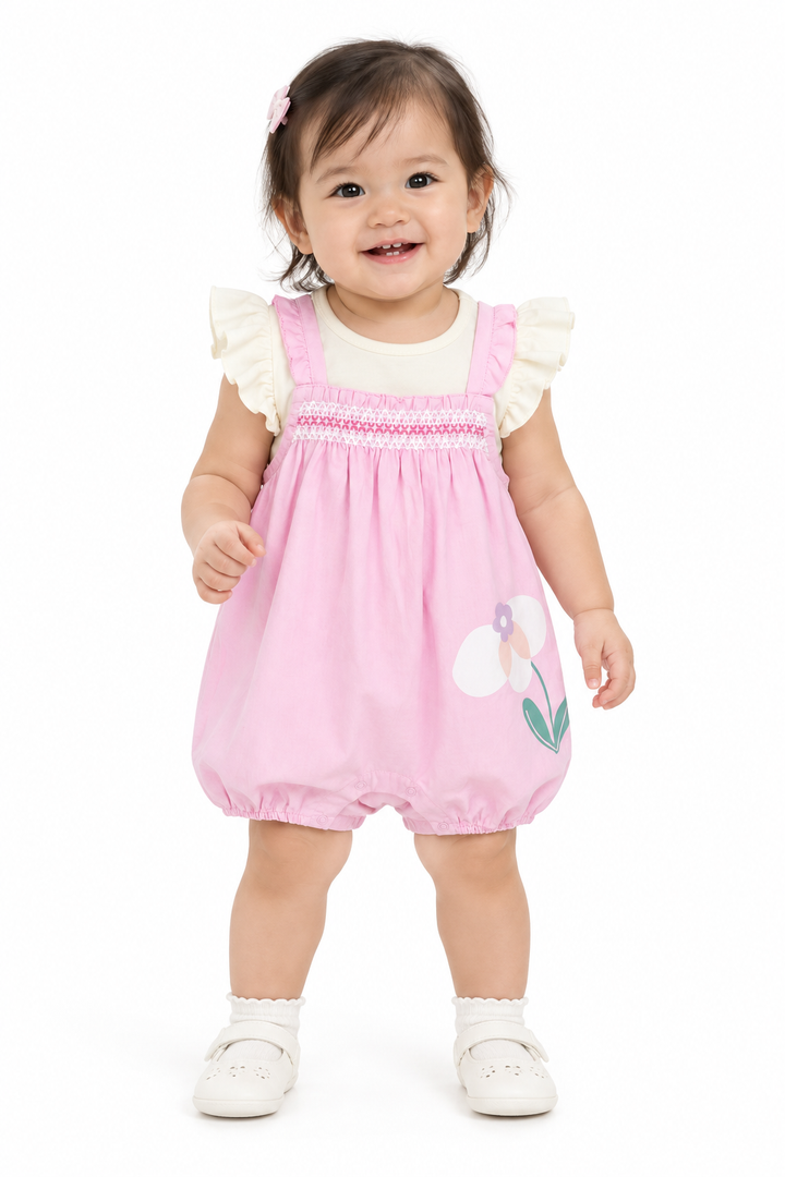 Cream Ruffles Sleeve Top and Flower Print Dungaree Set