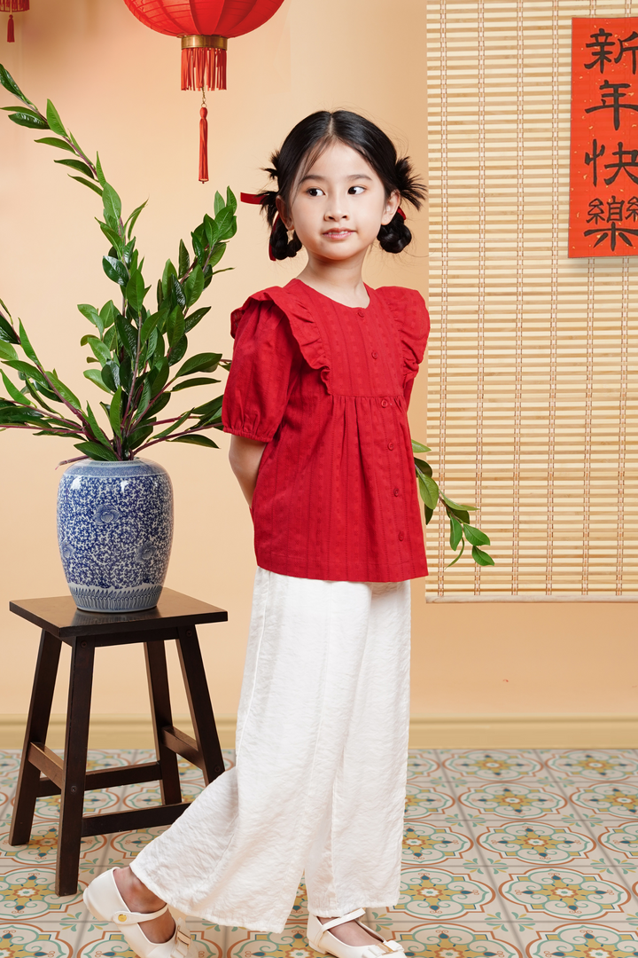 Red Scarlet Ruffled Short Sleeve Blouse