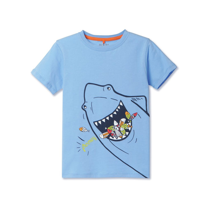 Poney Boy Shark Feeding On Fishes Light Blue Short Sleeve Tee