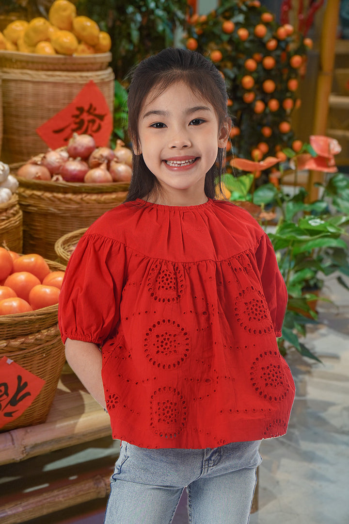 Red 3/4 Sleeves Embroidered Blouse