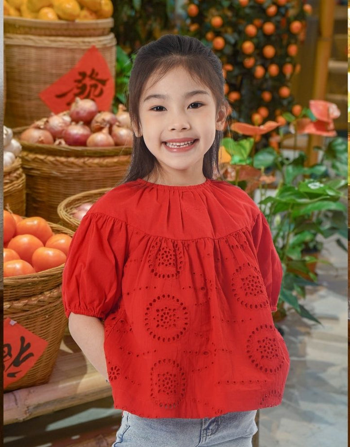 Red 3/4 Sleeves Embroidered Blouse