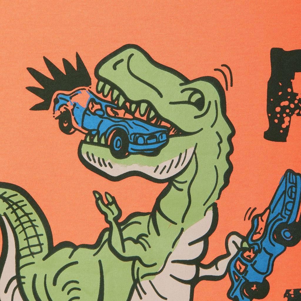 Poney Boy Dinosaur Attacking Trucks Orange Short Sleeve Tee