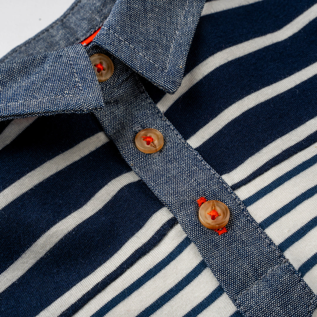 Poney Boys Blue Chambray Collar Stripe Polo