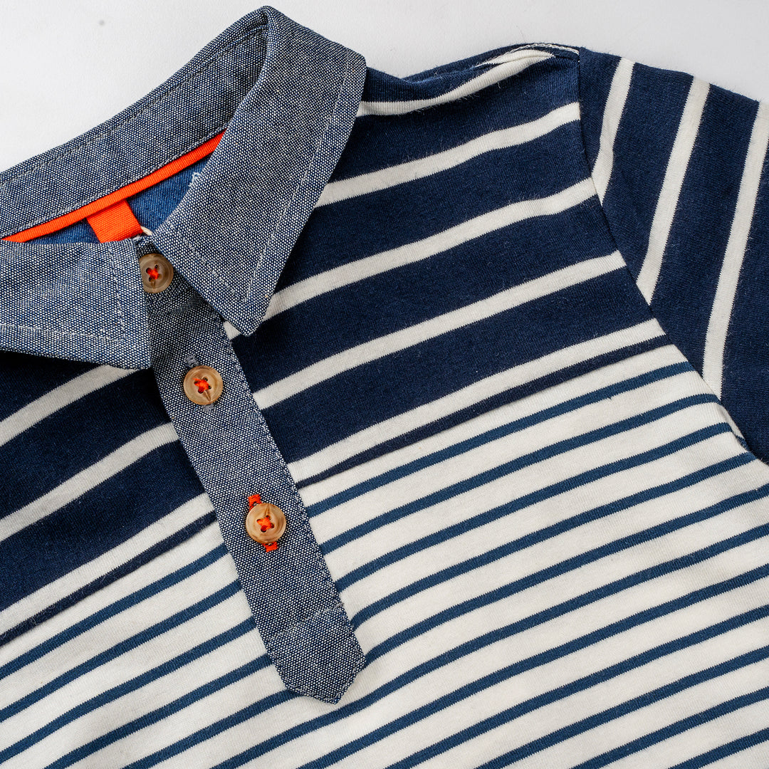 Poney Boys Blue Chambray Collar Stripe Polo