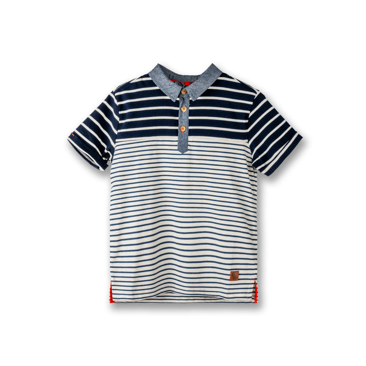 Poney Boys Blue Chambray Collar Stripe Polo