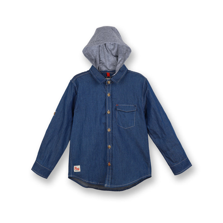 Poney Boys Denim Detachable Hooded Denim Long Sleeve Shirt