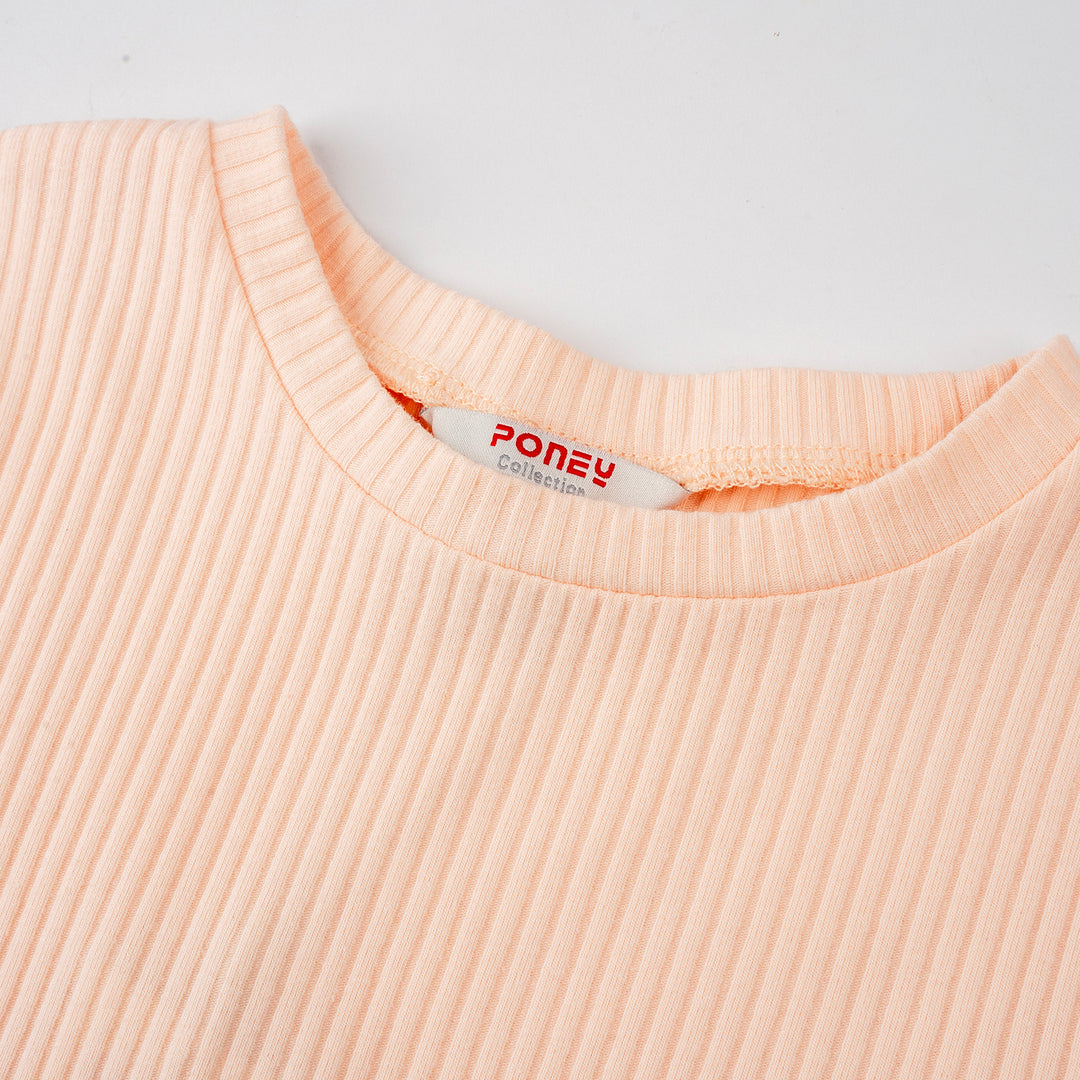 Poney Girls Light Orange Ribbed Short Sleeve Top with Drawstrings