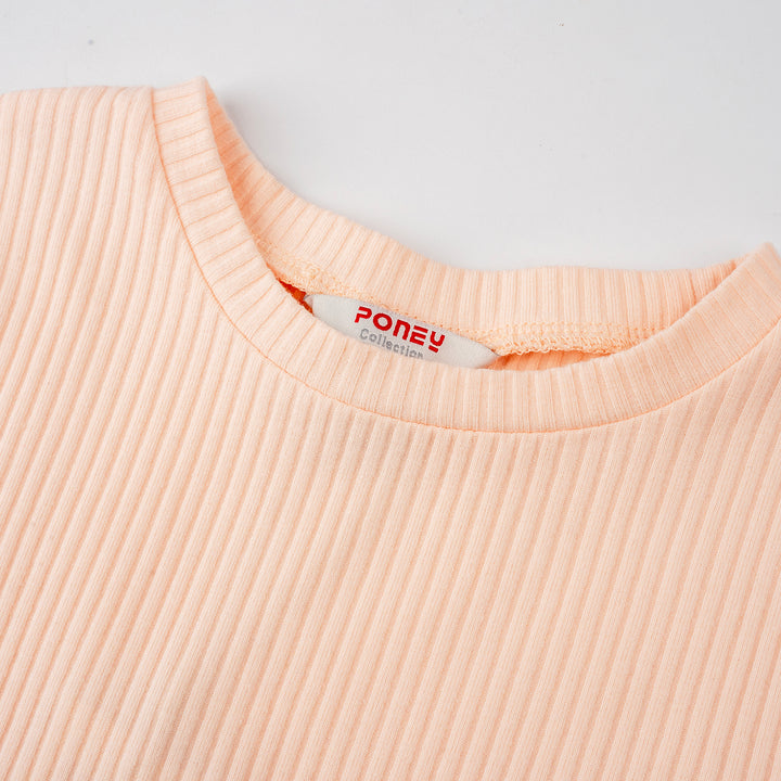 Poney Girls Light Orange Ribbed Short Sleeve Top with Drawstrings