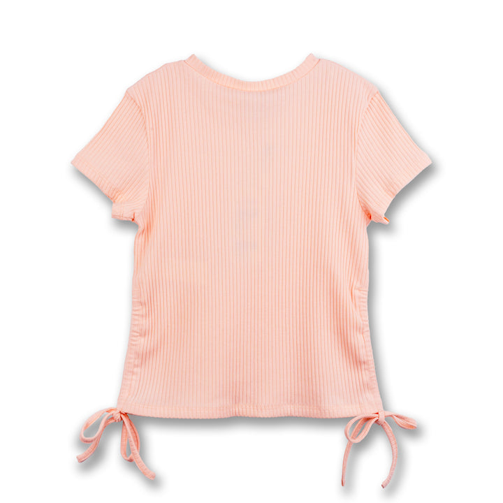 Poney Girls Light Orange Ribbed Short Sleeve Top with Drawstrings