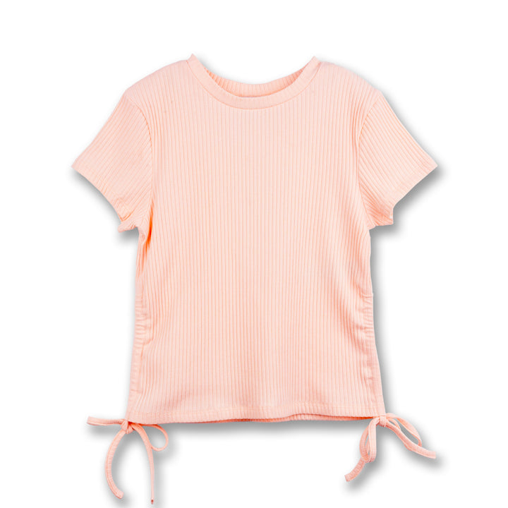 Poney Girls Light Orange Ribbed Short Sleeve Top with Drawstrings