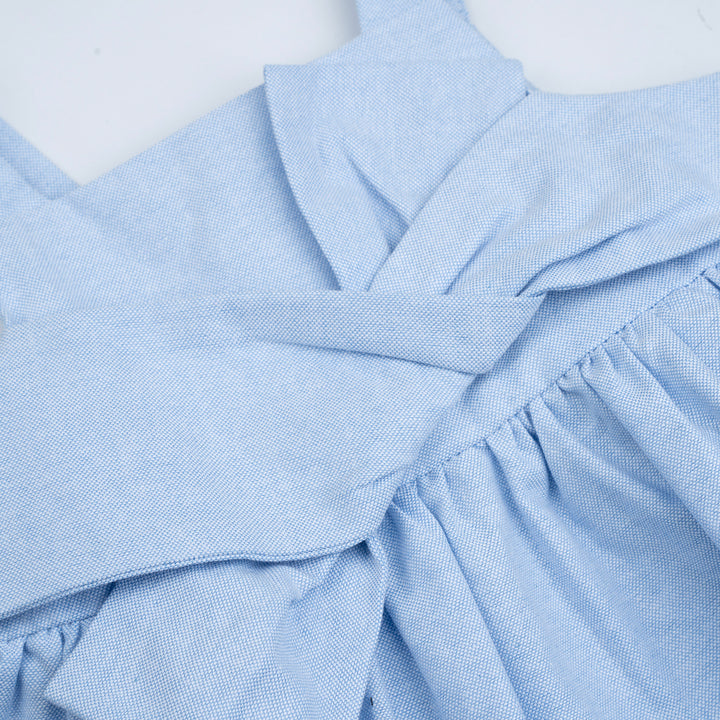 Poney Girls Blue Sleeveless Dress with Bow Applique