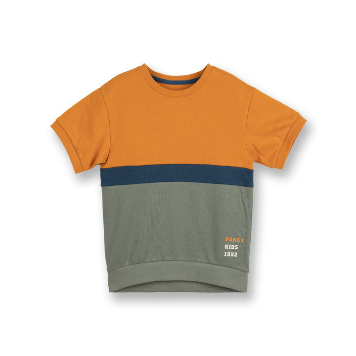 Poney Boys Orange Colour Blocking Round Neck Short Sleeve Tee