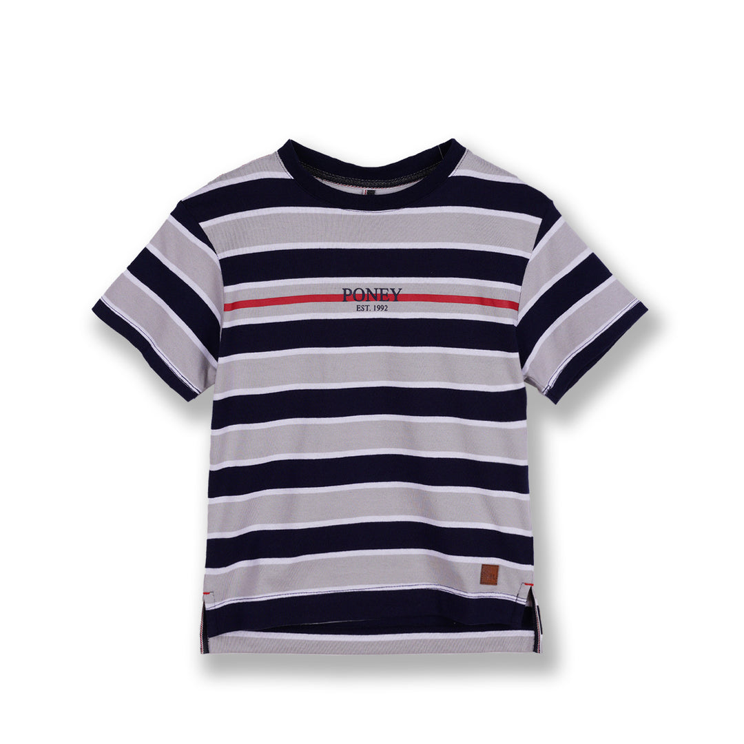 Poney Boys Navy Oversized Striped Round Neckline Short Sleeve Tee
