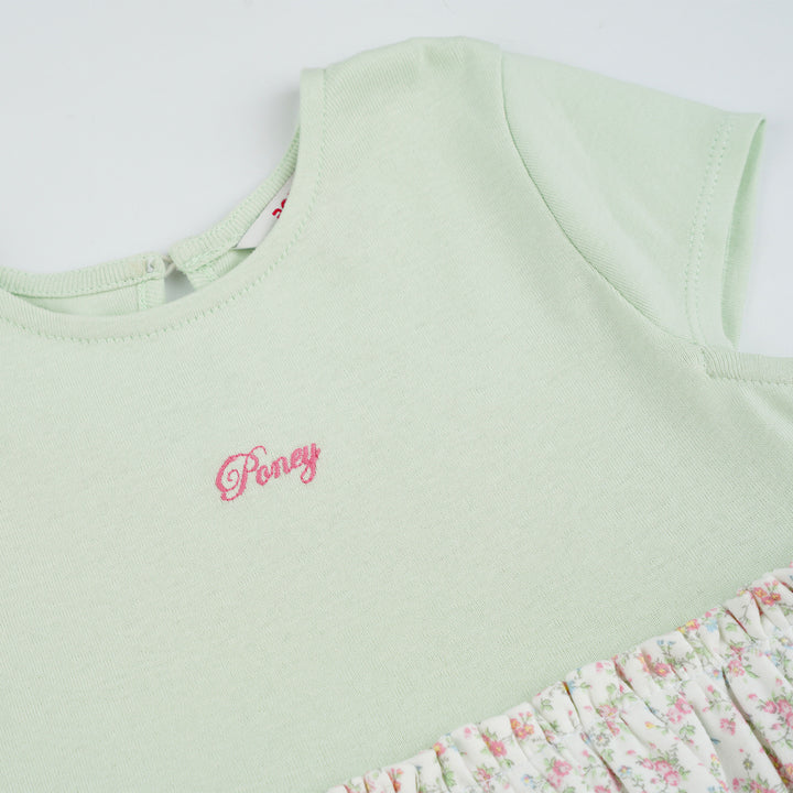 Poney Girls Light Green Tint Floral Short Sleeve Dress