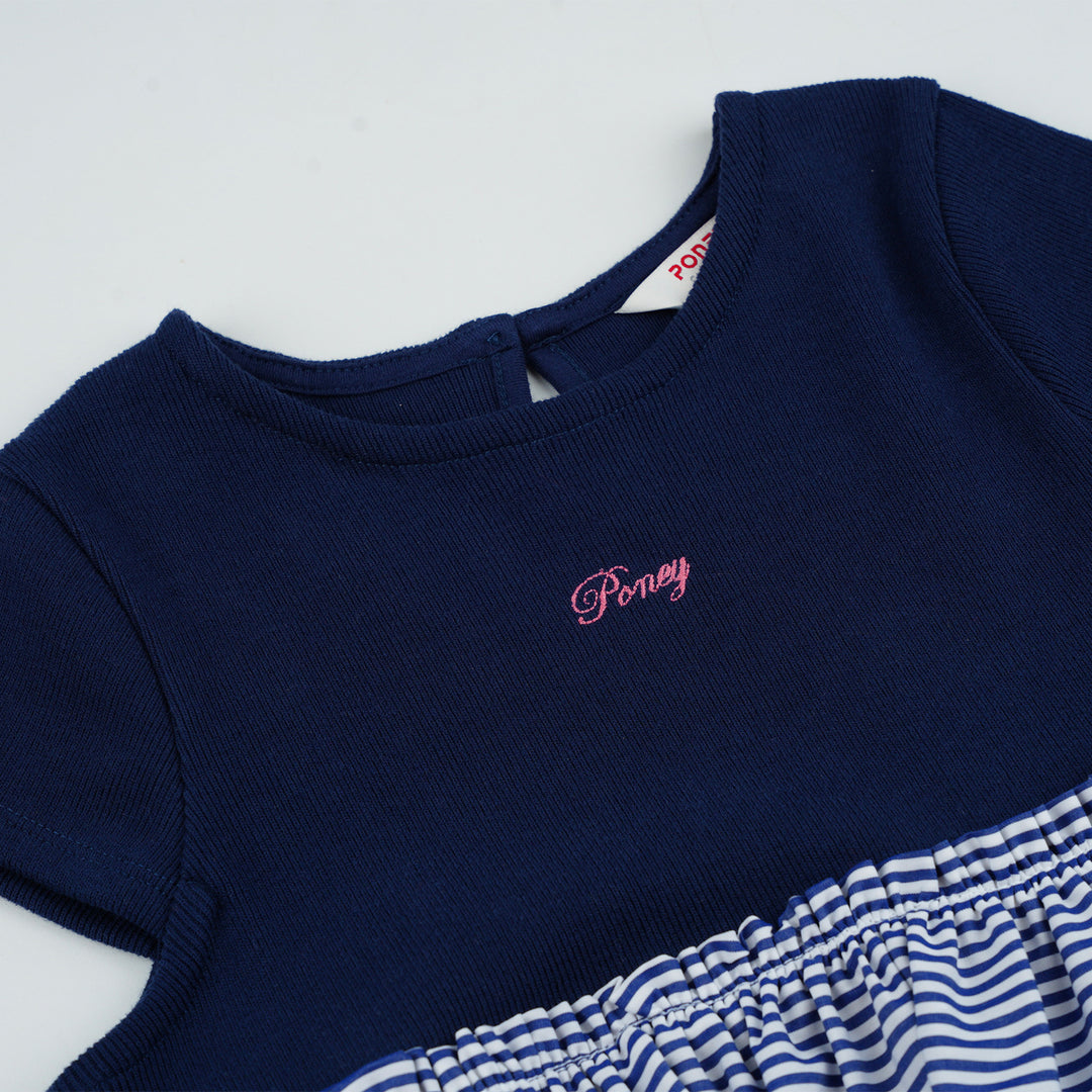 Poney Girls Navy Midnight Blue Striped Short Sleeve Dress