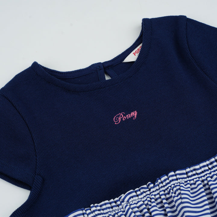 Poney Girls Navy Midnight Blue Striped Short Sleeve Dress