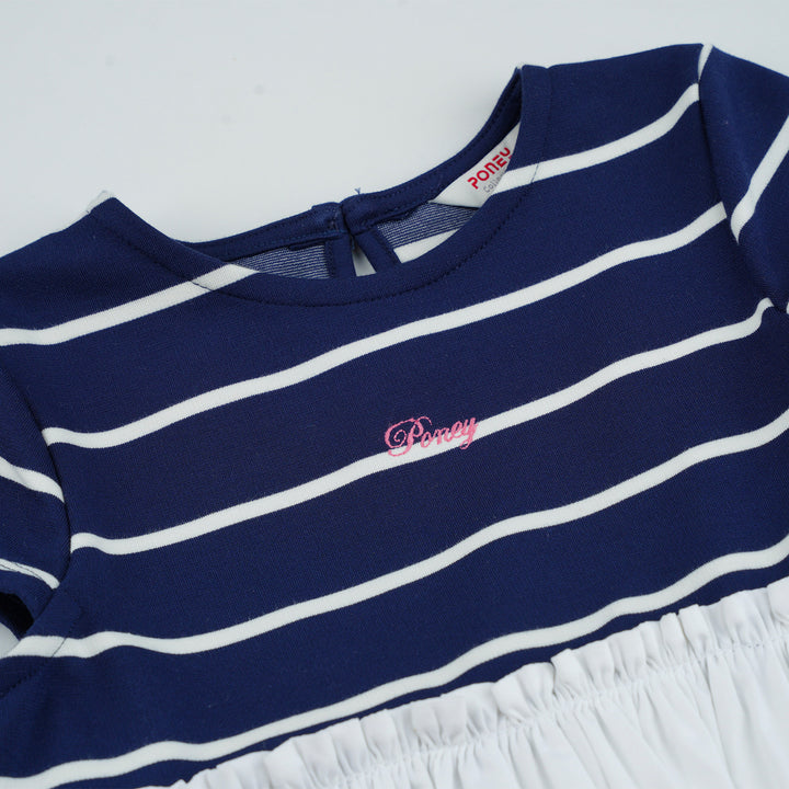 Poney Girls Navy Pale Cloud Stripe Short Sleeve Dress