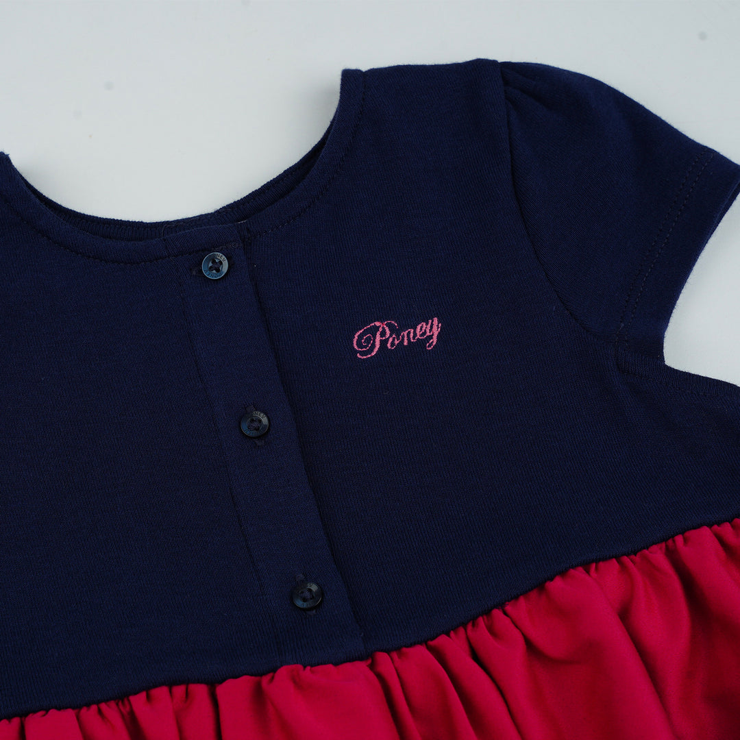 Poney Girls Navy Stripes Gathered Detail Short Sleeve Dress