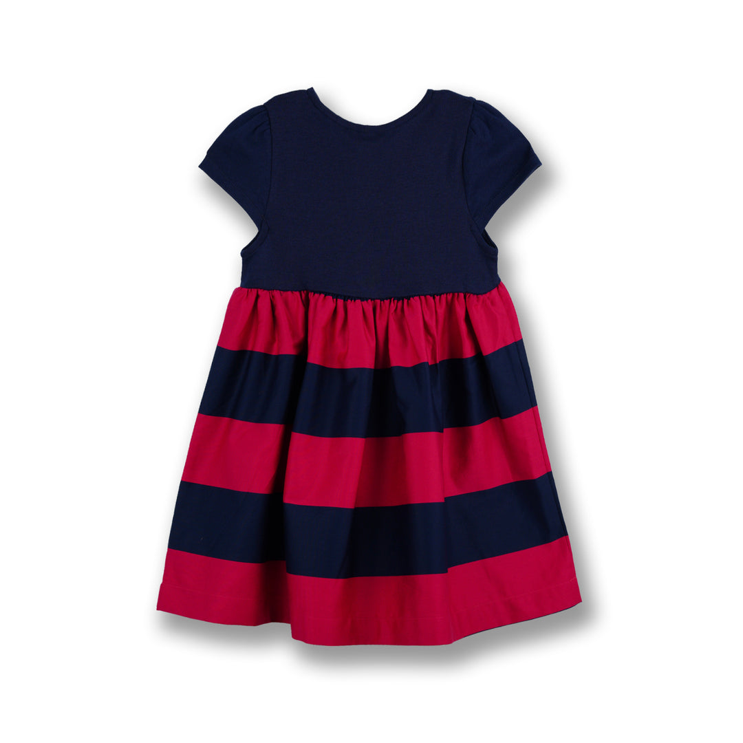 Poney Girls Navy Stripes Gathered Detail Short Sleeve Dress