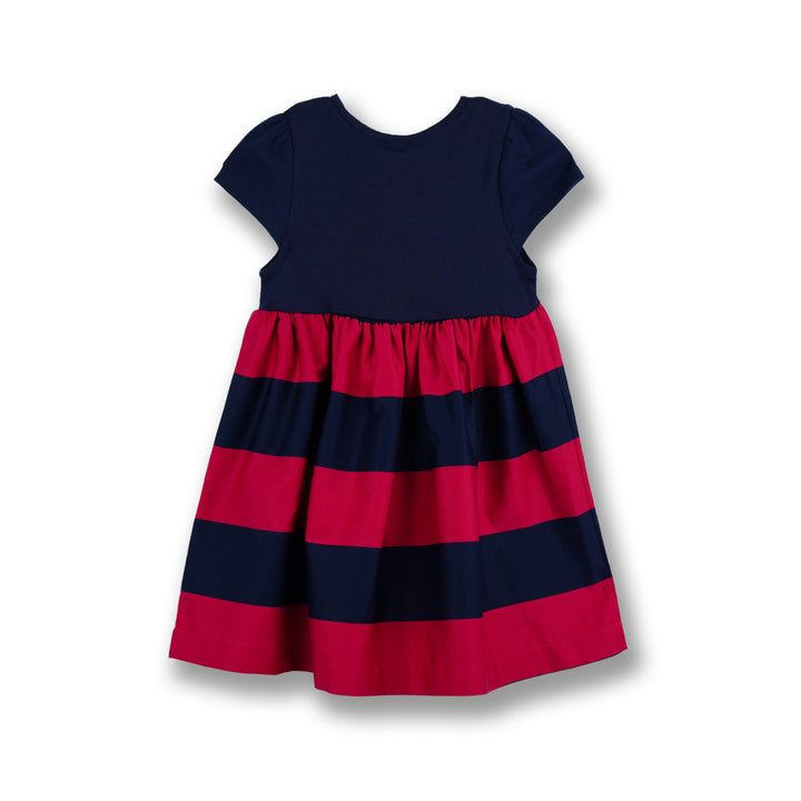 Poney Girls Navy Stripes Gathered Detail Short Sleeve Dress