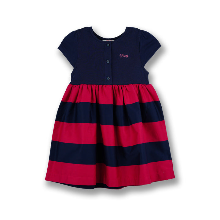 Poney Girls Navy Stripes Gathered Detail Short Sleeve Dress
