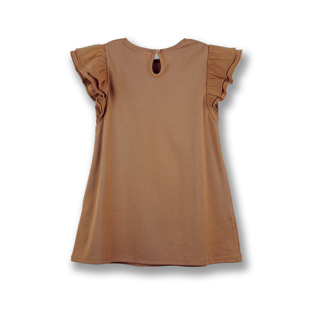 Poney Girls Brown Latte Short Ruffled Sleeve Dress