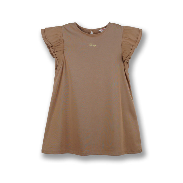 Poney Girls Brown Latte Short Ruffled Sleeve Dress