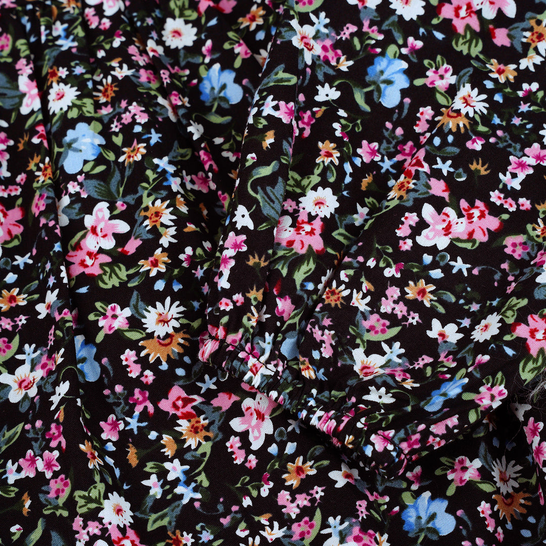 Poney Girls Black Floral Printed 7/8 Long Sleeve Blouse