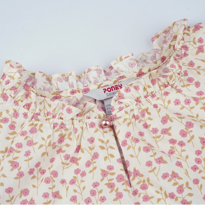 Poney Girls Cream Sweet Floral Printed 7/8 Long Sleeve Blouse