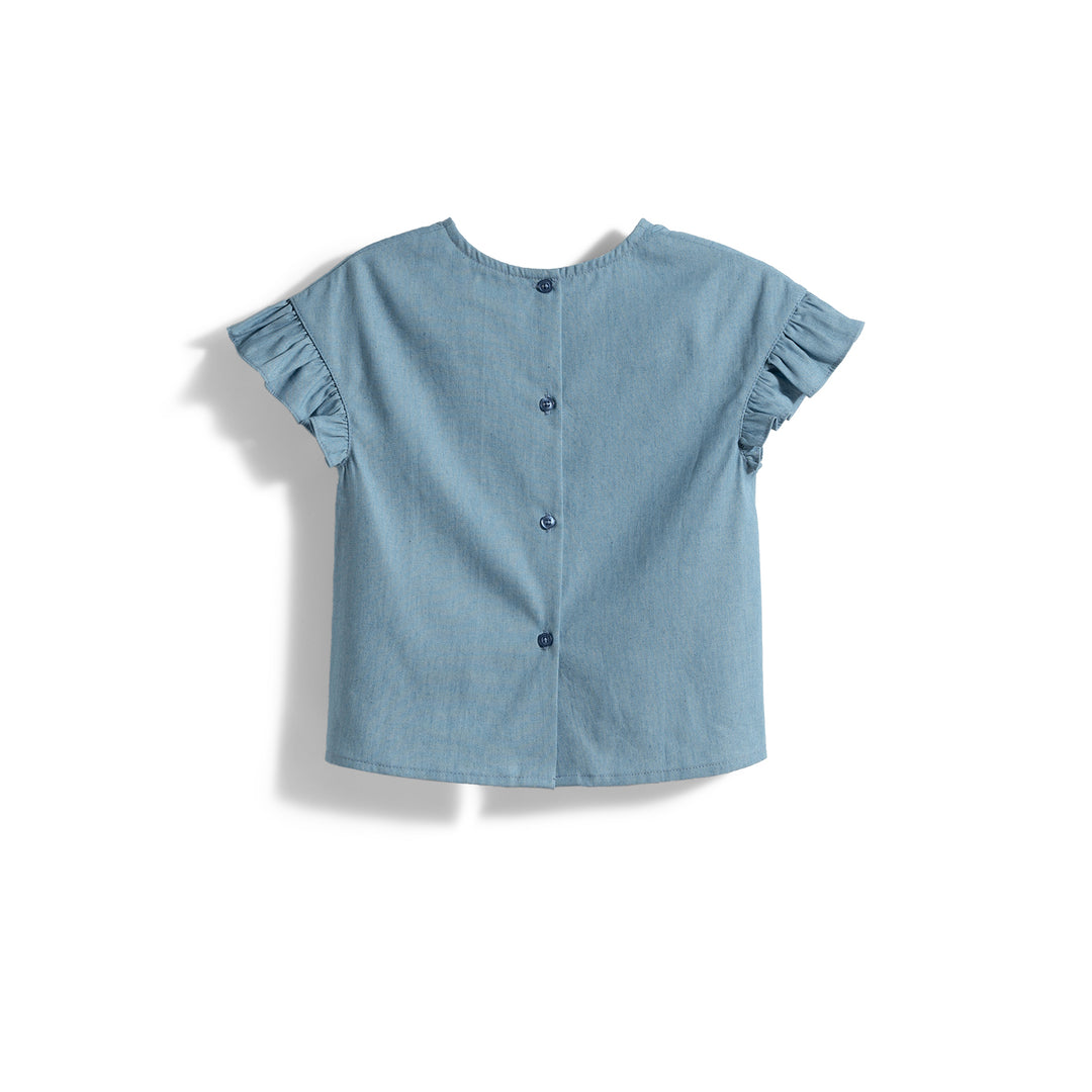 Poney Girls Chambray Ruffled Sleeve Blouse