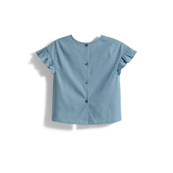 Poney Girls Chambray Ruffled Sleeve Blouse