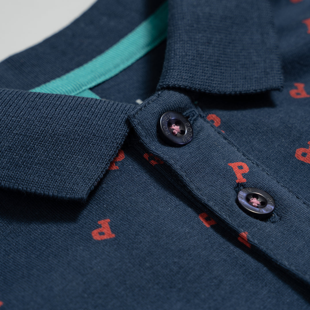 Poney Printed Poney Logo Dark Blue Short Sleeve Polo