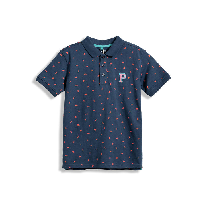 Poney Printed Poney Logo Dark Blue Short Sleeve Polo