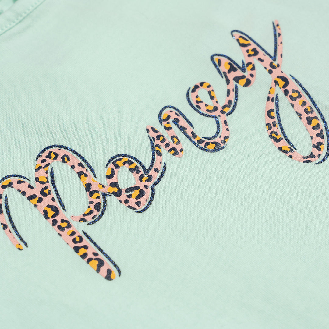 Poney Girls Light Green Poney Wording Round Neck Short Sleeve Tee
