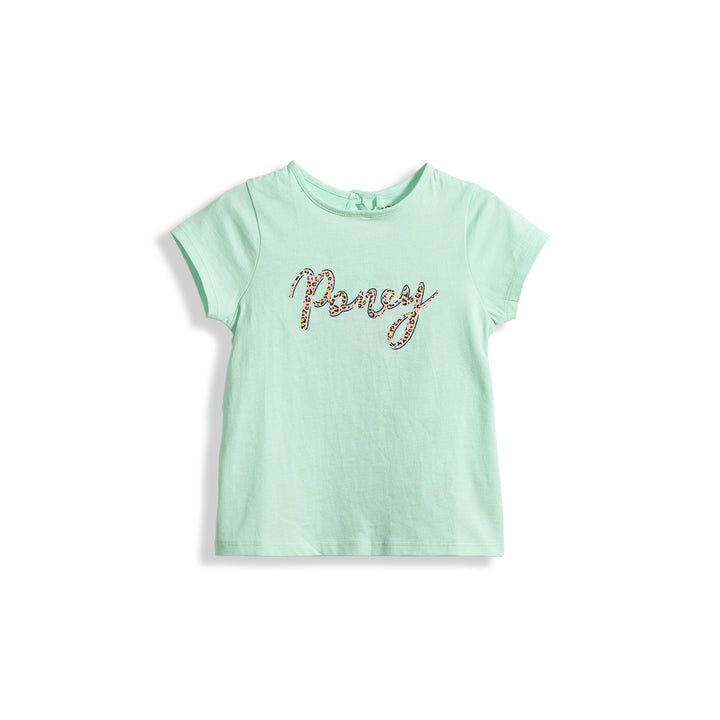 Poney Girls Light Green Poney Wording Round Neck Short Sleeve Tee