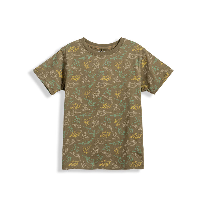 Poney Boys Green Dino Full Printed Short Sleeve Tee