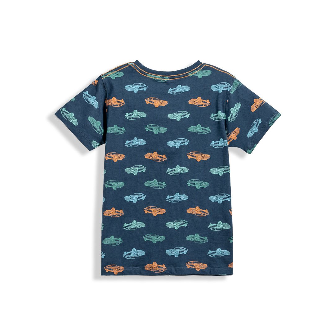 Poney Boys Navy Car Full Printed Short Sleeve Tee