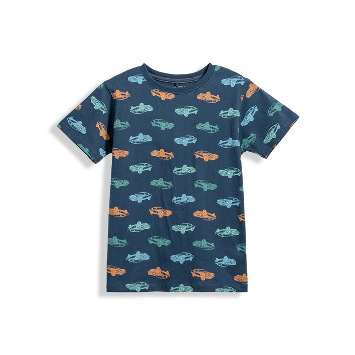 Poney Boys Navy Car Full Printed Short Sleeve Tee