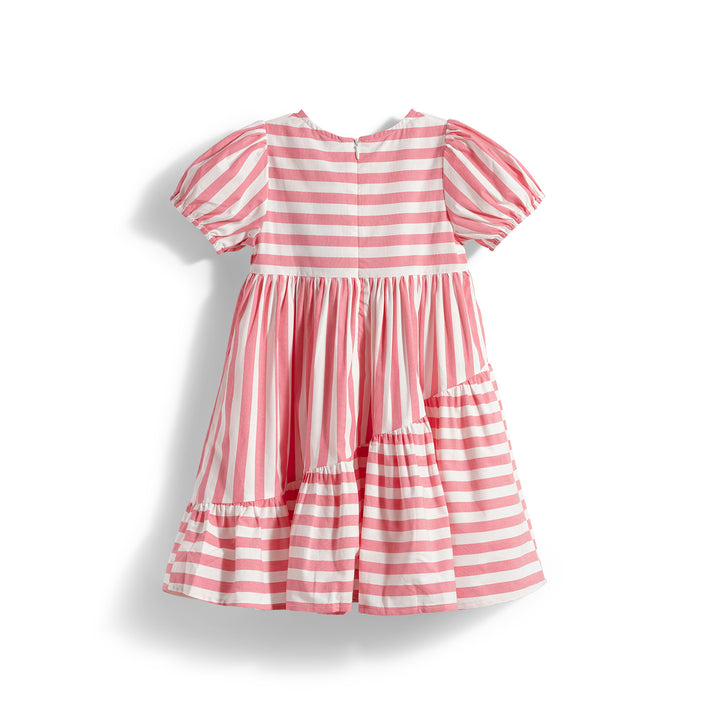 Poney Girls Calypso Coral Striped Puffy Short Sleeve Dress