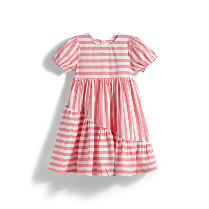 Poney Girls Calypso Coral Striped Puffy Short Sleeve Dress