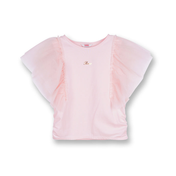 Poney Girls Pink Tulle Ruffled Sleeves Tee