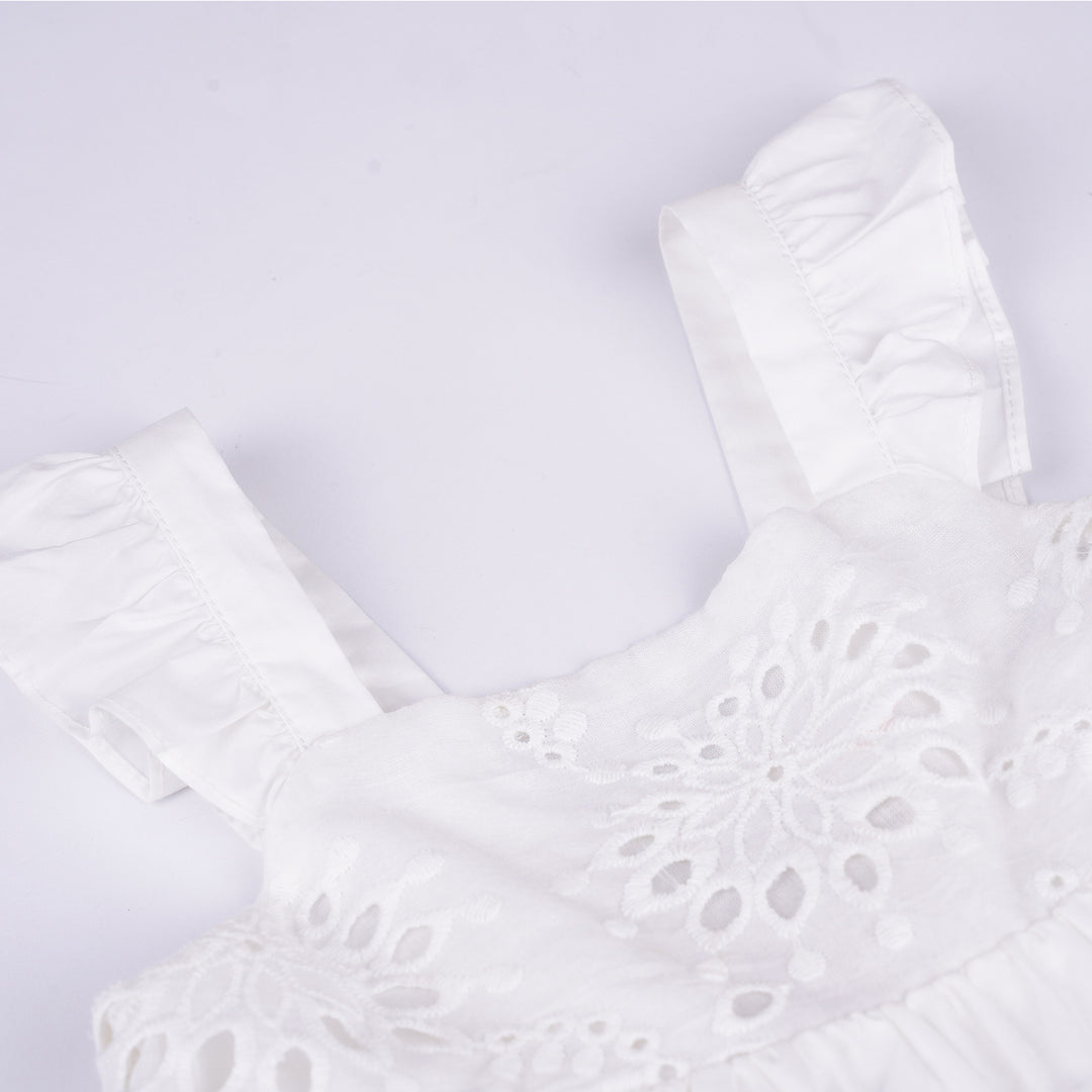Poney Girls White Cotton Jacquard Lace Sleeveless Dress