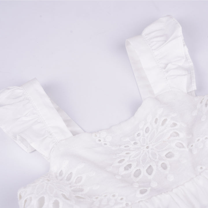 Poney Girls White Cotton Jacquard Lace Sleeveless Dress